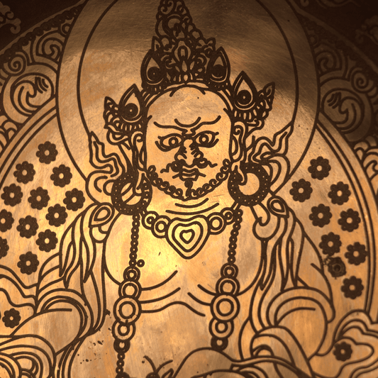 Decorative illustration of a figure with intricate patterns and jewelry on a brown background