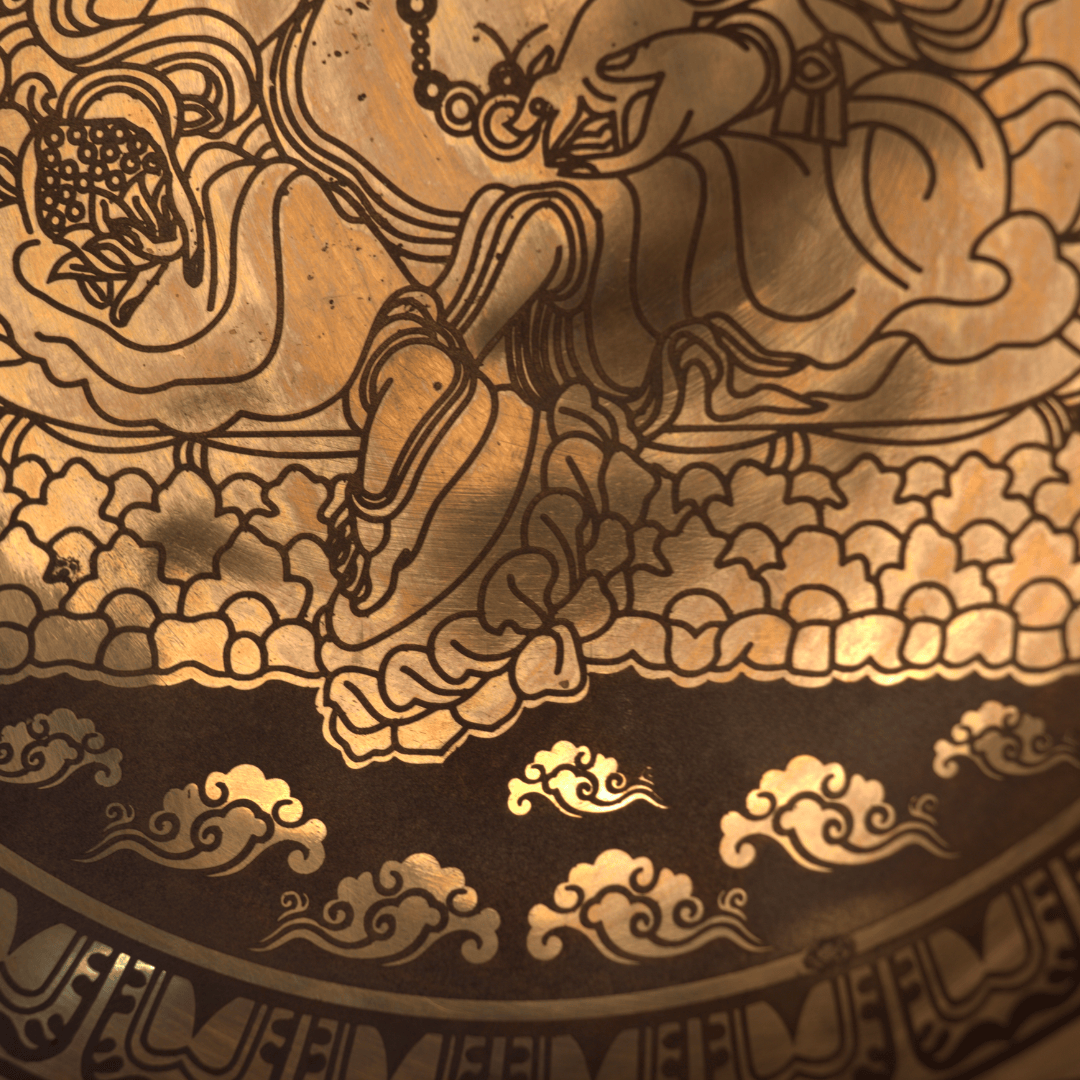 Decorative design with a central figure holding a staff, surrounded by clouds and patterns on a dark background.