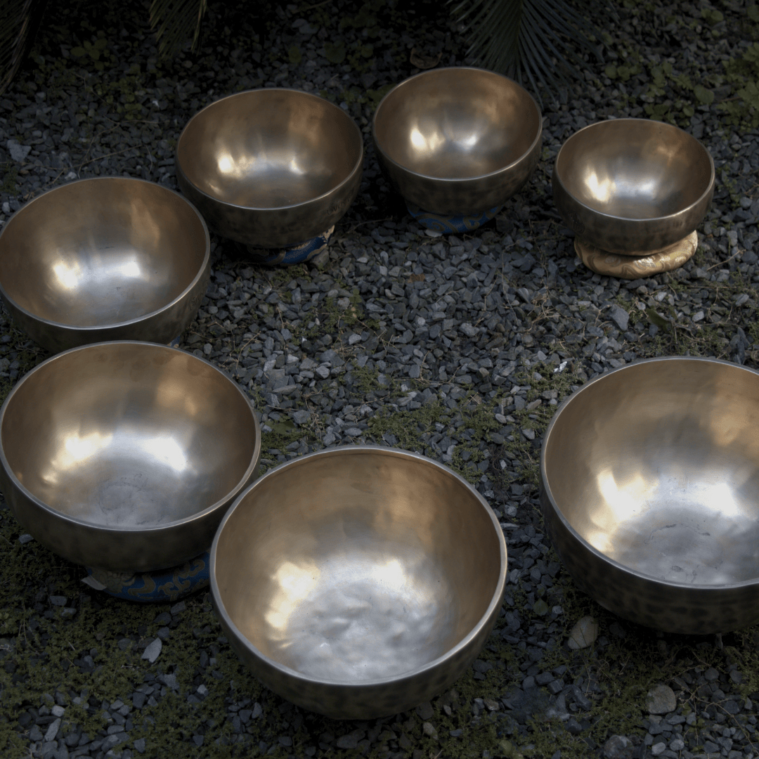 Set of metallic bowls on a gravel surface