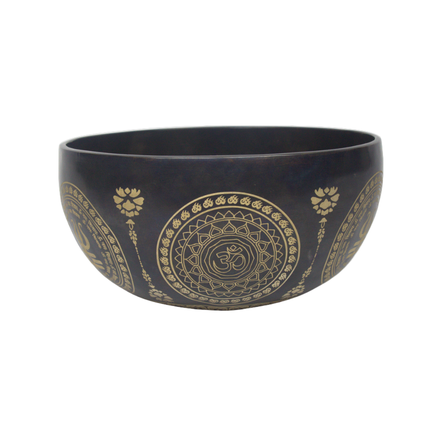 Black bowl with gold mandala design on a white background