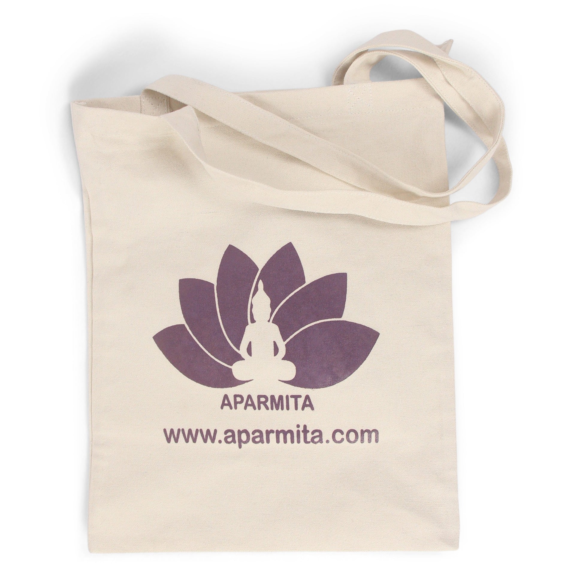Beige tote bag with purple lotus flower design and 'Aparmita' branding on a white background