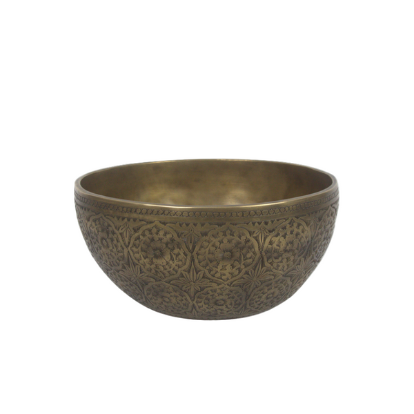Bronze bowl with intricate patterns on a white background