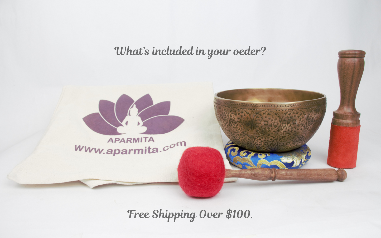 Tibetan singing bowl set with mallet and cushion on a white background, featuring Aparmita brand.