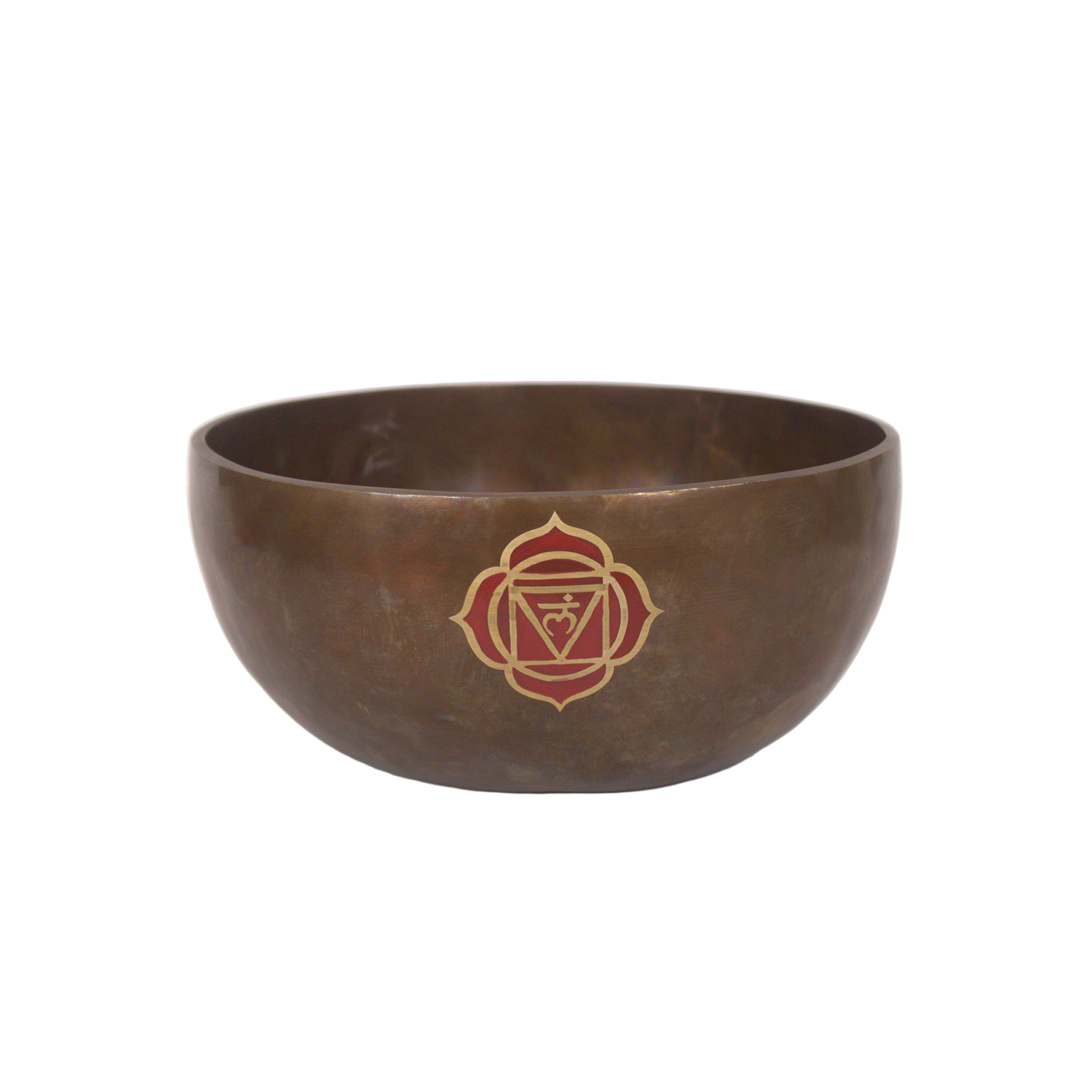 Bronze singing bowl with a red emblem on a white background