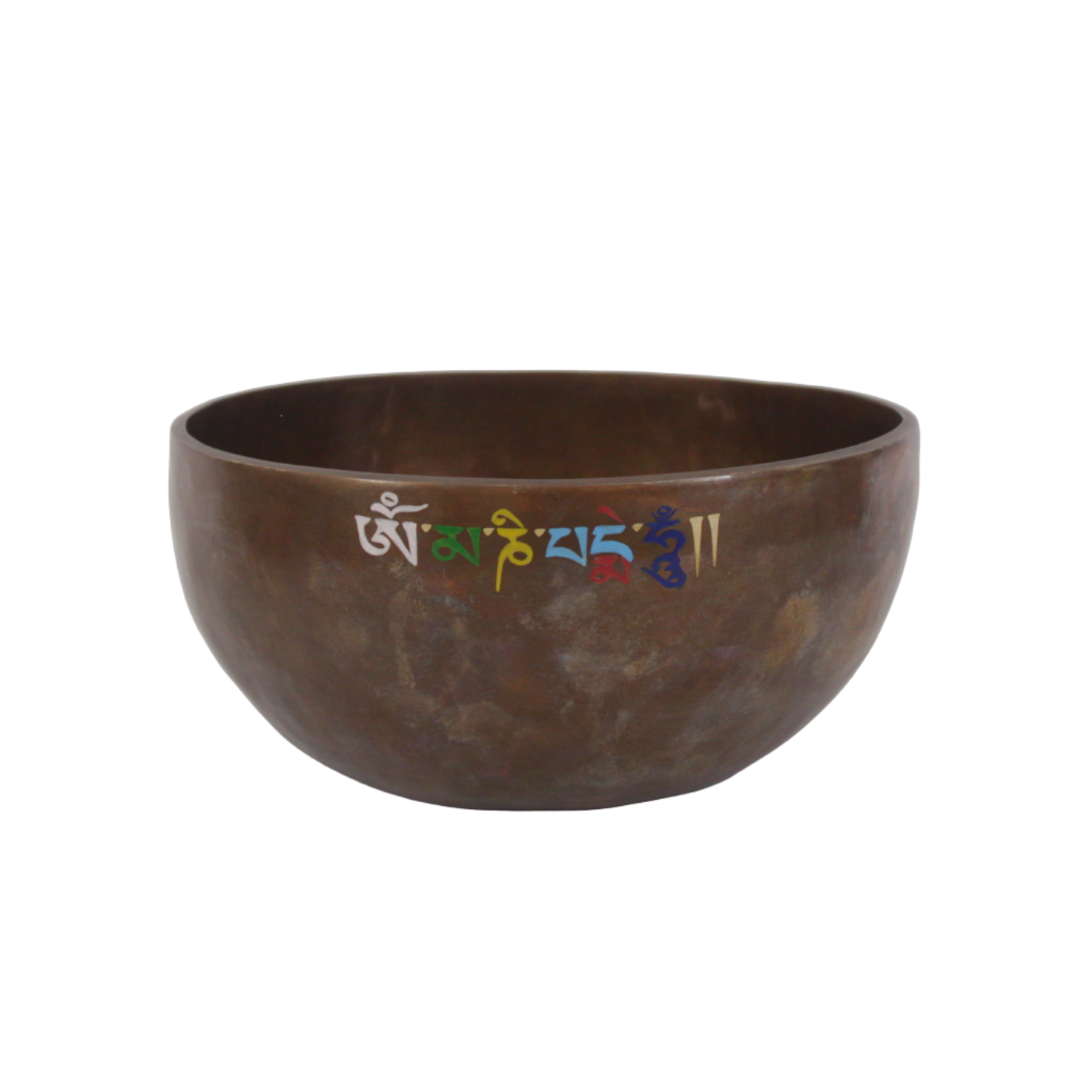 Brown singing bowl with engraved symbols on a white background