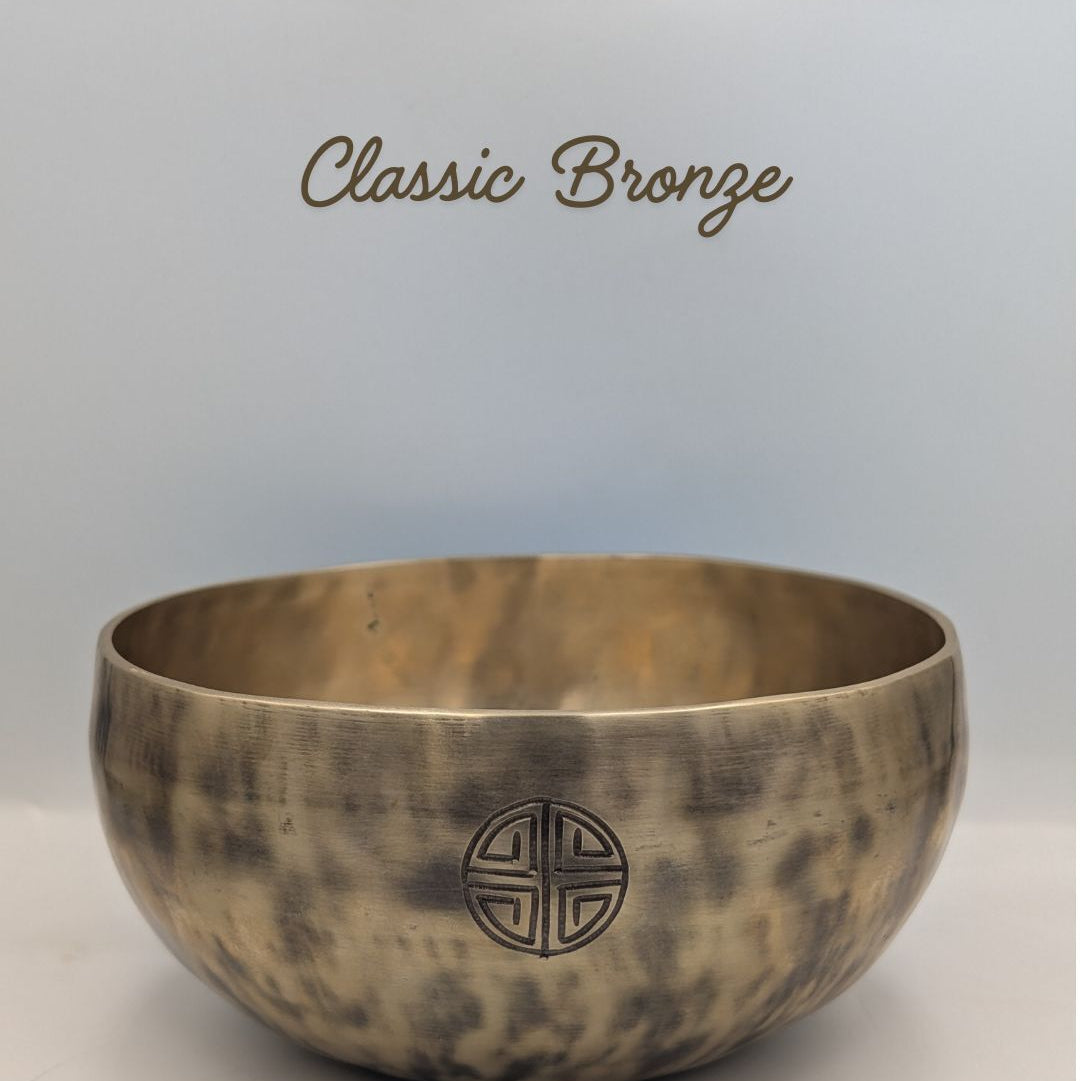 Bronze singing bowl with 'Classic Bronze' text on a light gray background