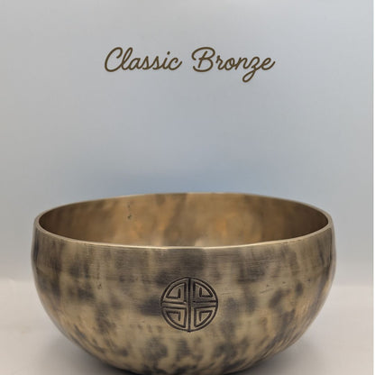Bronze singing bowl with 'Classic Bronze' text on a light gray background