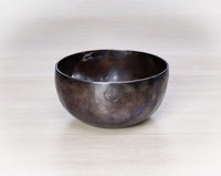Dark Chocolate Full Moon singing bowl with Shou longevity symbol handcrafted in Nepal for meditation and sound healing