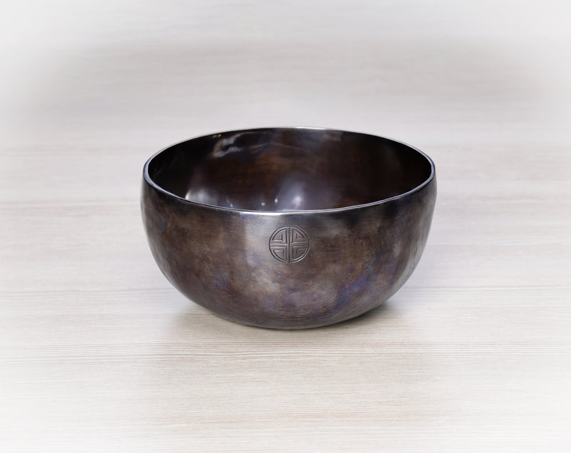 Dark Chocolate Full Moon singing bowl with Shou longevity symbol handcrafted in Nepal for meditation and sound healing