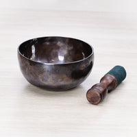 Dark Chocolate Full Moon singing bowl with Om Mani Padme Hum mantra engraving and suede striker handcrafted in Kathmandu Nepal