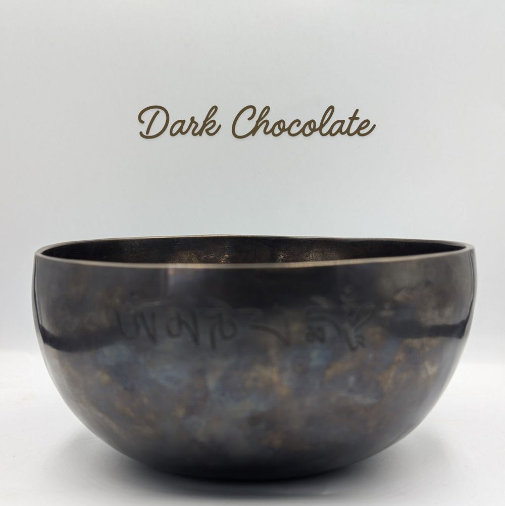 Dark chocolate-colored bowl on a white background with 'Dark Chocolate' text.
