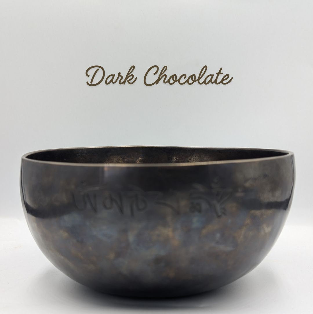 Dark chocolate-colored bowl on a white background with 'Dark Chocolate' text.