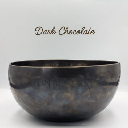 Dark chocolate-colored bowl on a white background with 'Dark Chocolate' text.