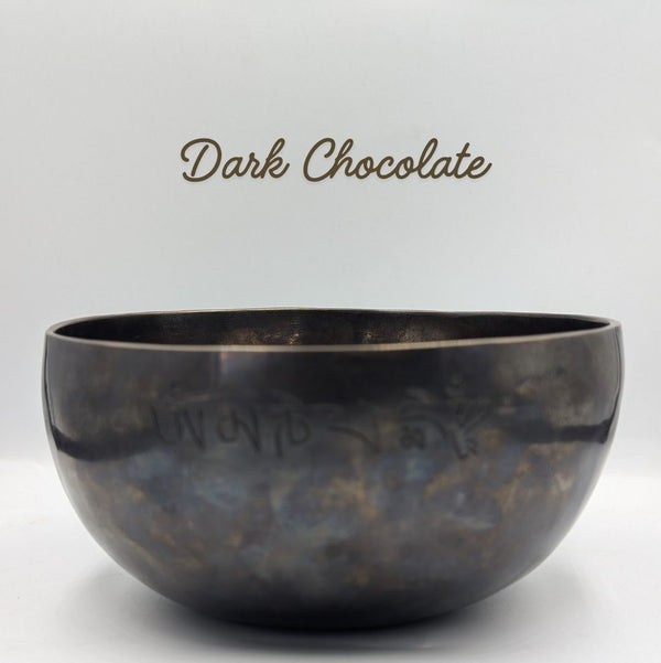 Dark chocolate-colored bowl on a white background with 'Dark Chocolate' text.