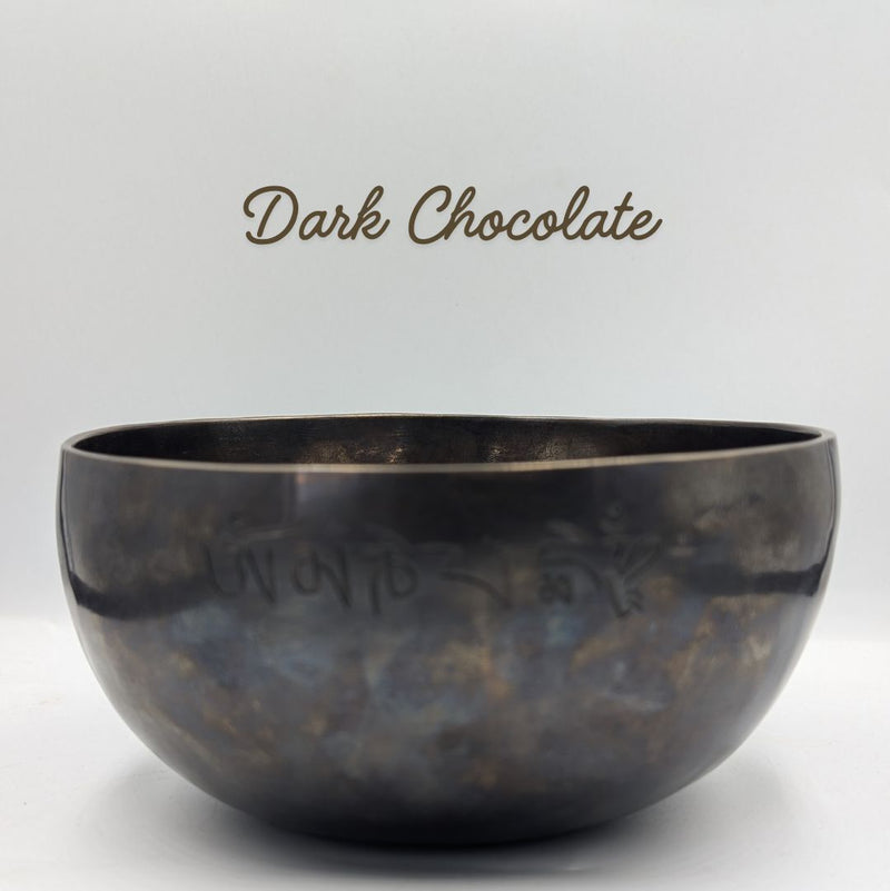 Dark chocolate-colored bowl on a white background with 'Dark Chocolate' text.