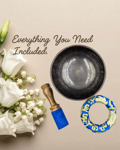 Black bowl, blue tool, and white flowers on a beige background with text 'Everything You Need Included'.