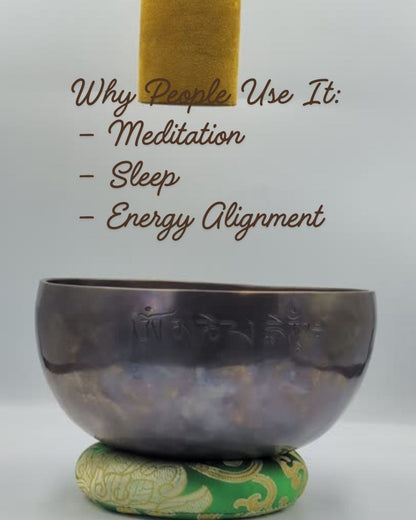Tibetan singing bowl with text on a white background