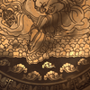 Decorative design with a central figure holding a staff, surrounded by clouds and patterns on a dark background.