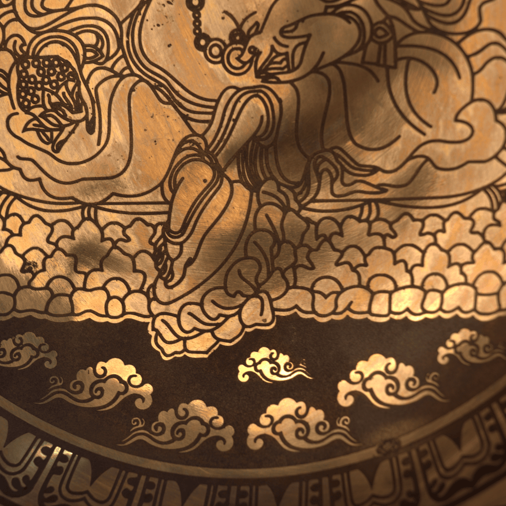 Decorative design with a central figure holding a staff, surrounded by clouds and patterns on a dark background.