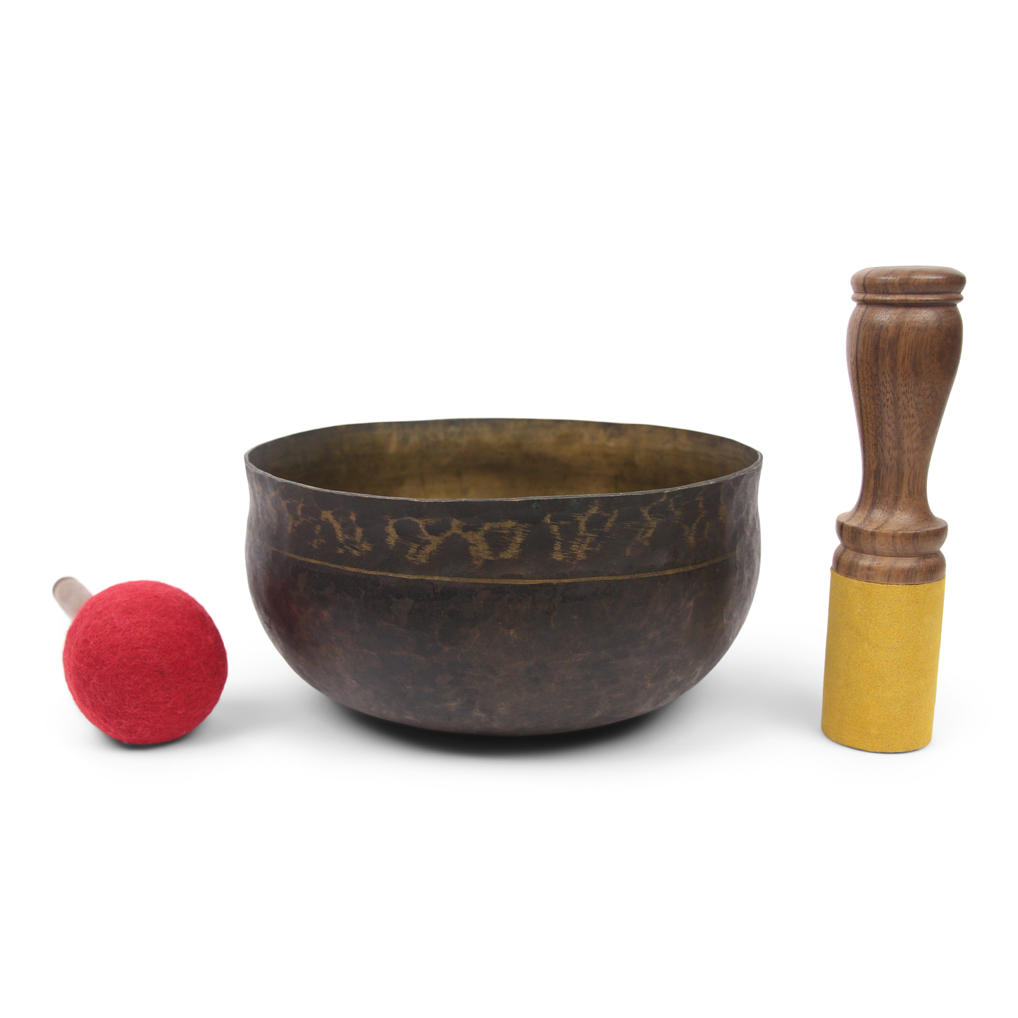 Tibetan singing bowl with wooden striker and red mallet on a white background