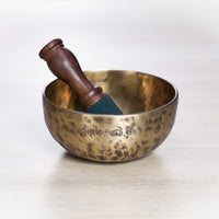 Light Tiger Full Moon singing bowl set with rosewood striker and orange brocade cushion handcrafted in Kathmandu Nepal