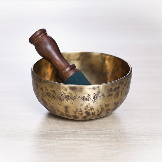 Light Tiger Full Moon singing bowl set with rosewood striker and orange brocade cushion handcrafted in Kathmandu Nepal