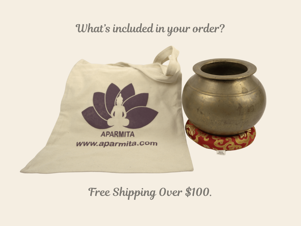 Canvas bag with Aparmita logo and brass pot on a beige background