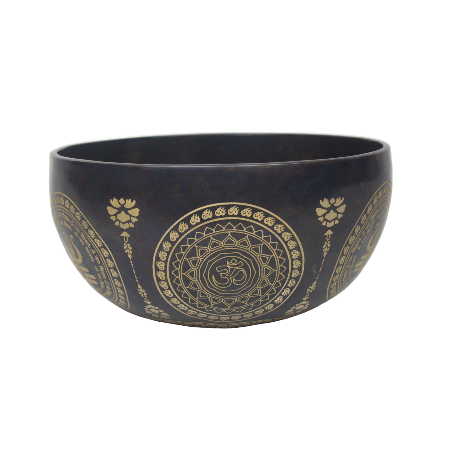 Black bowl with gold mandala patterns on a white background