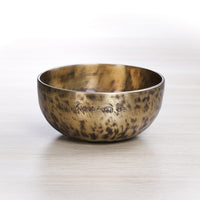 Light Tiger Full Moon singing bowl handcrafted in Nepal with Om Mani Padme Hum mantra engraving on outer rim