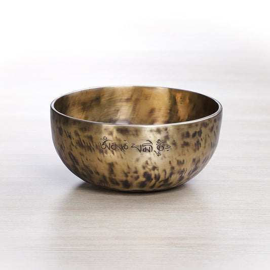 Light Tiger Full Moon singing bowl handcrafted in Nepal with Om Mani Padme Hum mantra engraving on outer rim