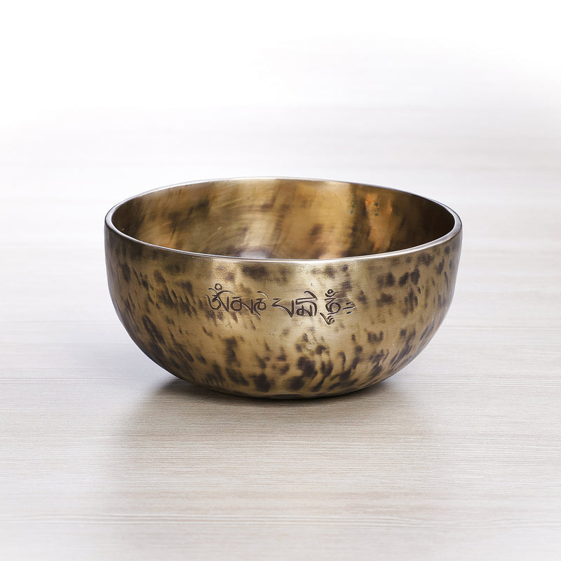 Light Tiger Full Moon singing bowl handcrafted in Nepal with Om Mani Padme Hum mantra engraving on outer rim