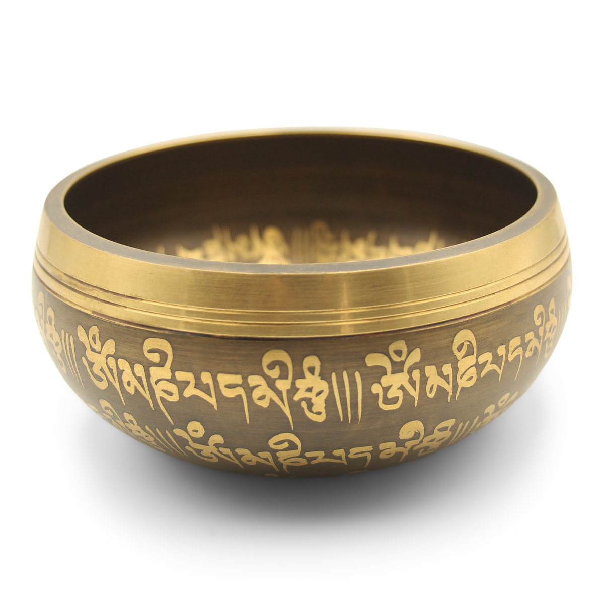 A bronze-colored Tibetan singing bowl with gold mantras and Buddha Eyes engraving on the exterior.