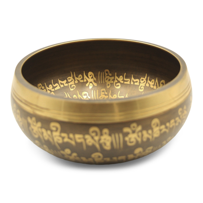 Decorative bowl with gold text on a white background