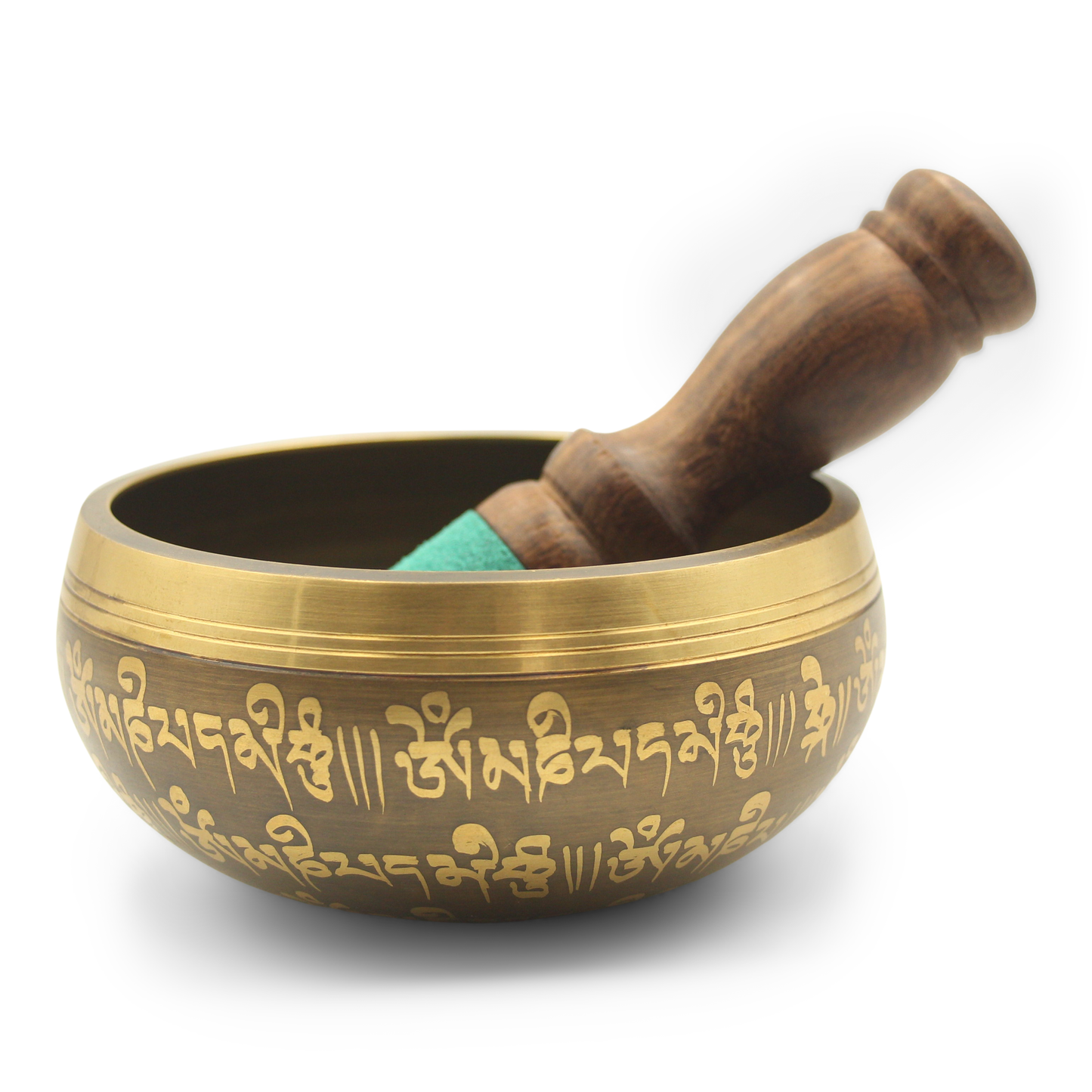 Bronze singing bowl with engraved symbols and wooden handle on a white background