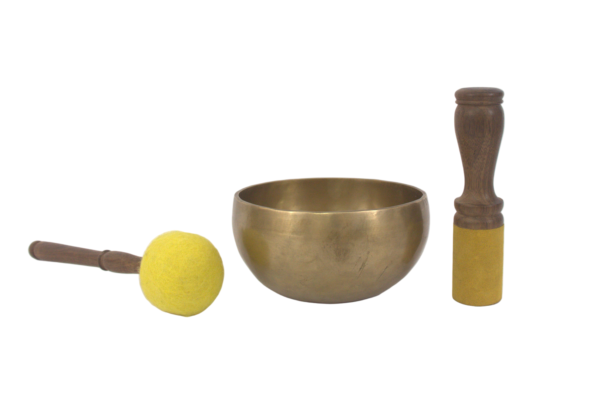Bronze singing bowl with yellow ball and wooden mallet on a white background