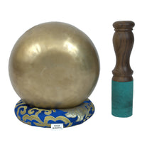 Brass gong on a blue stand with wooden handle on a white background