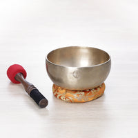 Full Moon Matt Colour singing bowl with red felt mallet and orange brocade cushion handcrafted in Kathmandu Nepal
