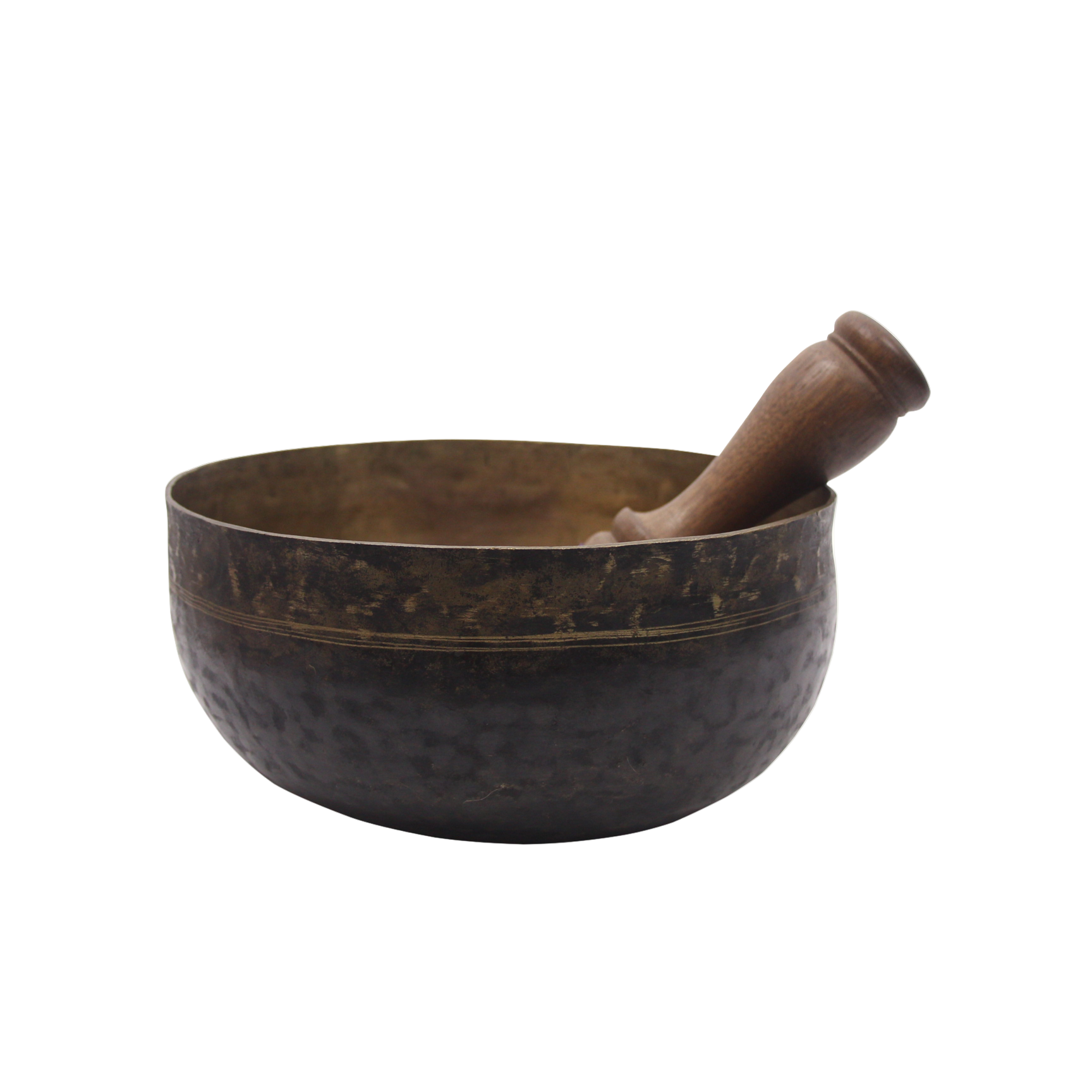 Bronze singing bowl with wooden striker on a white background